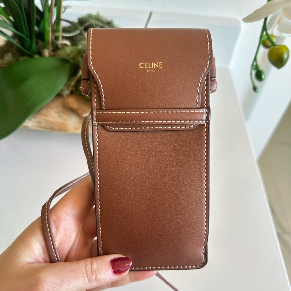 AUTHENTIC CELINE Whiskey Brown Leather Crossbody Sunglasses Bag 7x3 NEW BOX